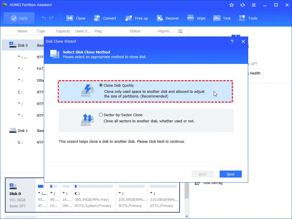 Step 2. In the ensuing window, select a suitable copy method based on your specific requirements. Once done, click "Next" to proceed.