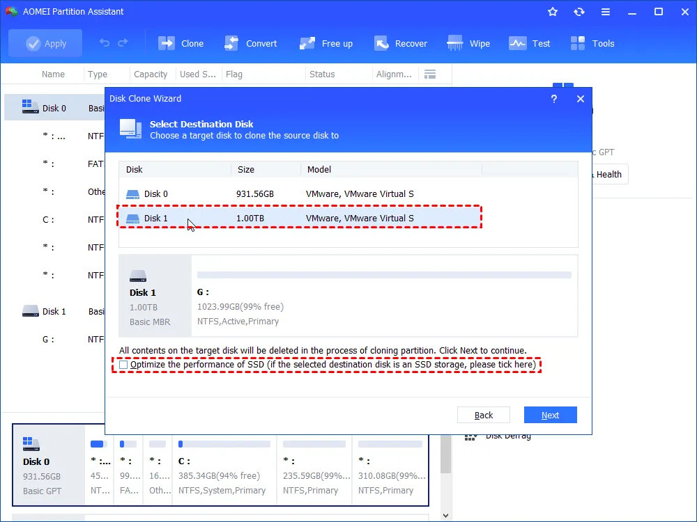 Step 3. Now, choose a destination disk for the data transfer. If you're copying the old disk to an SSD,<b srcset=