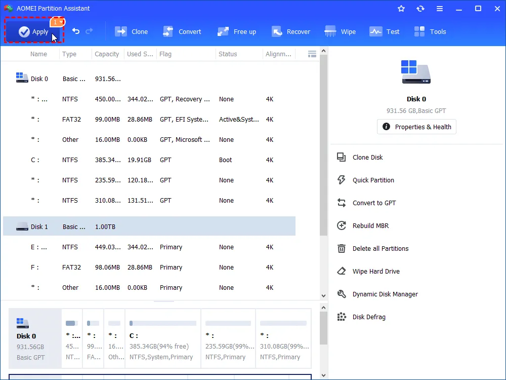 Step 5. Return to the main interface of AOMEI Partition Assistant and click "Apply" to execute the operation. This action will initiate the data migration process.