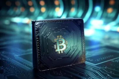 A Bitcoin Wallet Icon Syncing With A Blockchain Background
