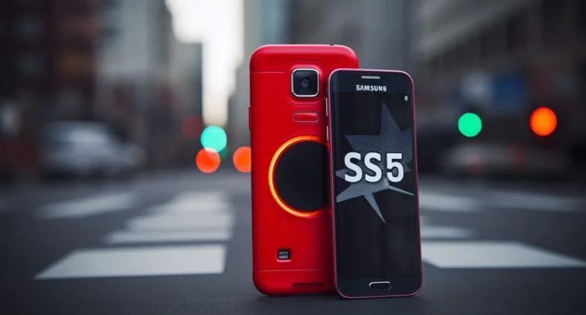 A Samsung Galaxy S5 With A Red