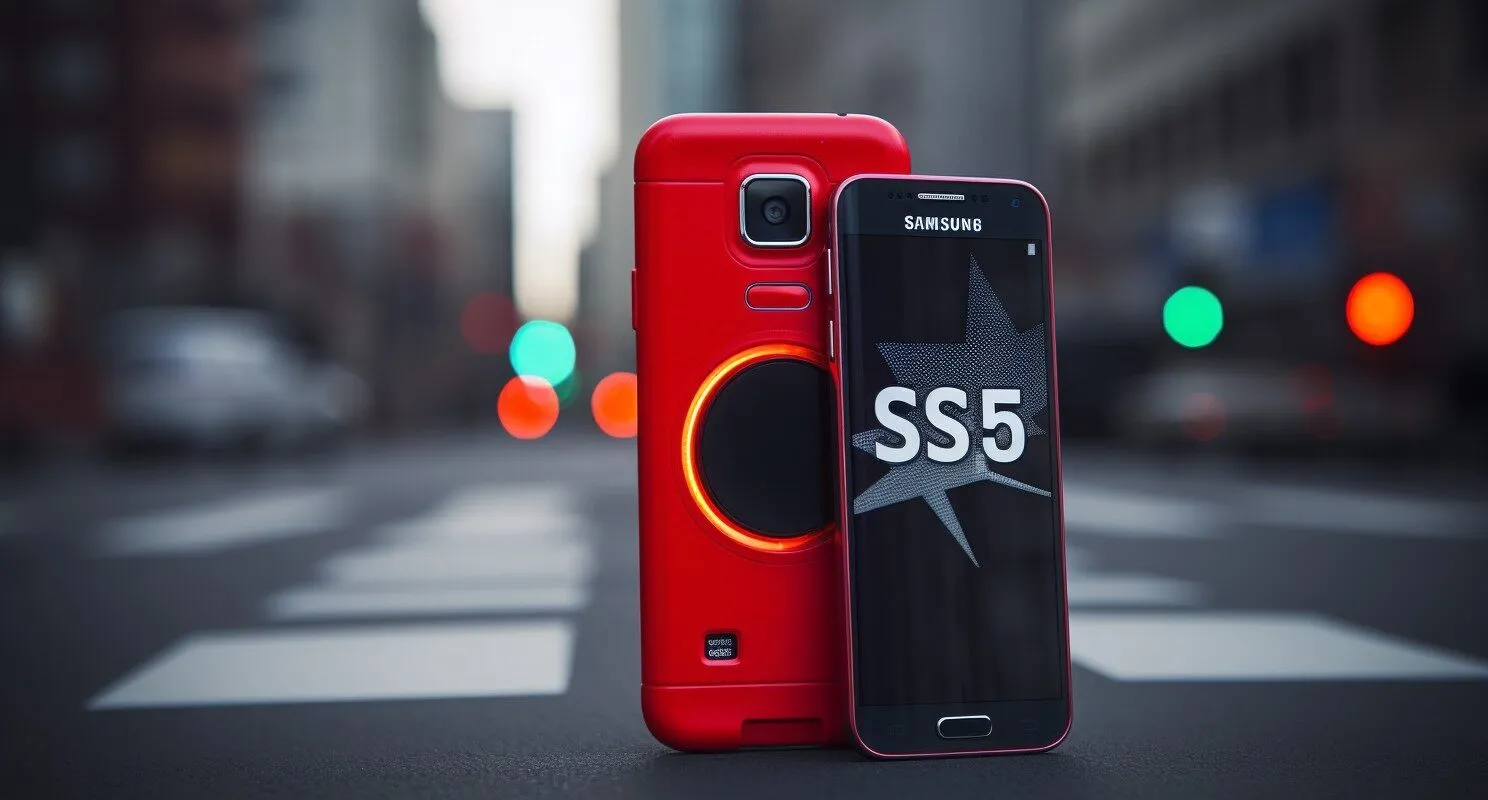 A Samsung Galaxy S5 With A Red