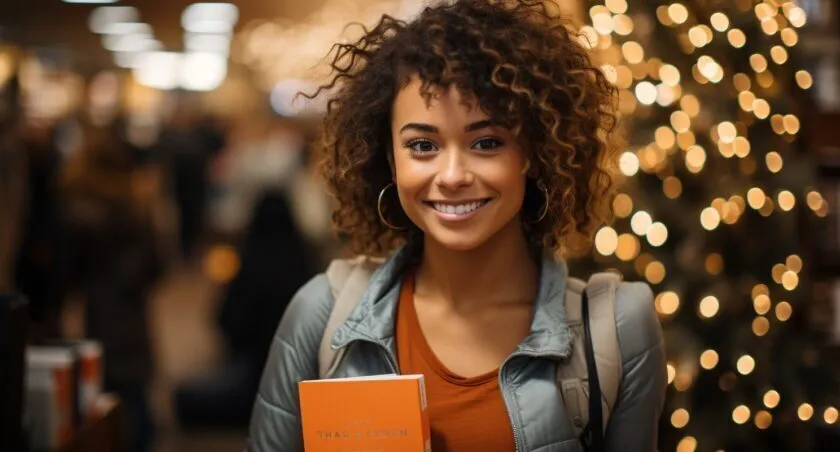 A Woman Holding A Book With A Smile