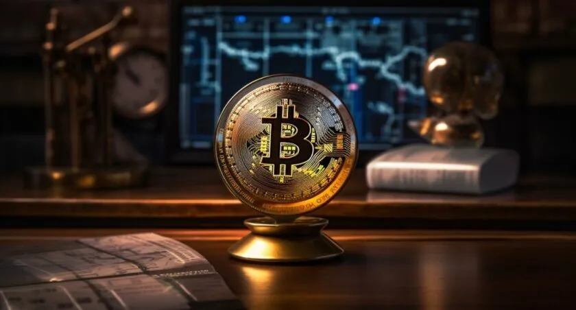 A Crystal Ball On A Wooden Table With Bitcoin Symbols
