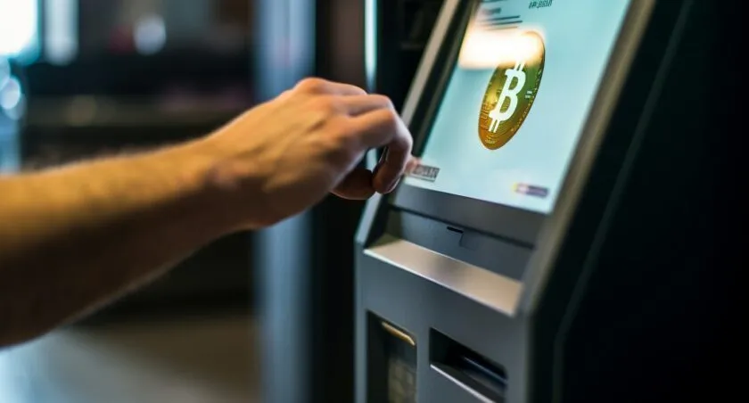 Bitcoin ATM With A User Completing A Transaction