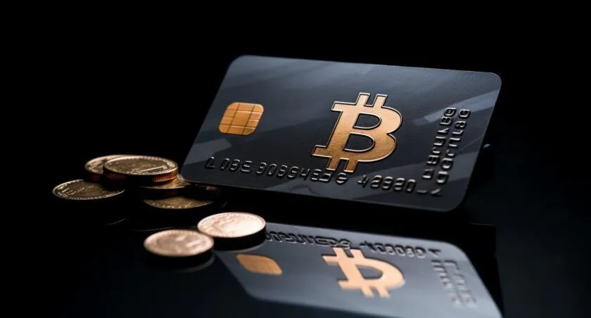 Bitcoin Symbol And A Credit Card Placed Side By Side On A Sleek