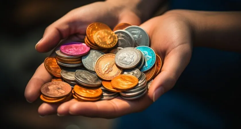 Colorful Cryptocurrency Coins In A Student's Hand