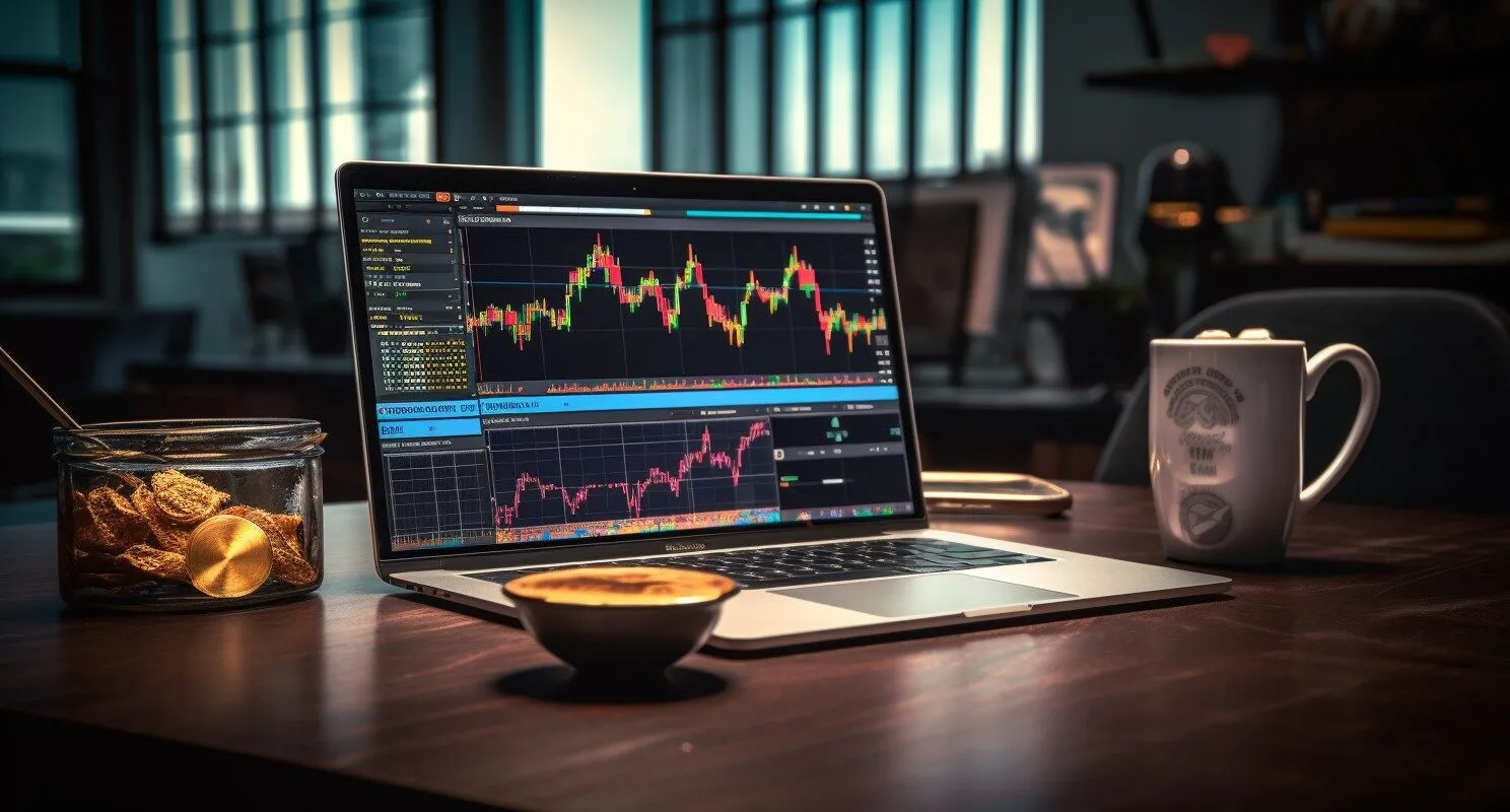 Cryptocurrency Investor's Desk With Laptop, Coffee, And Real Time Charts