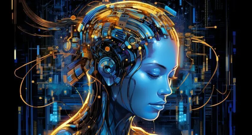 Cybernetic Figure And Blockchain Symbols