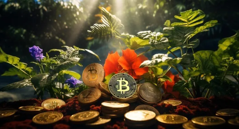 Diverse Crypto Coins In A Garden Of Wealth