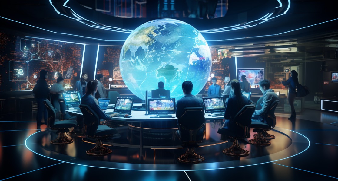Experts Discussing Digital Assets In A Futuristic Office