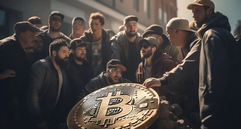 HODLers Gathering Around A Bitcoin Statue
