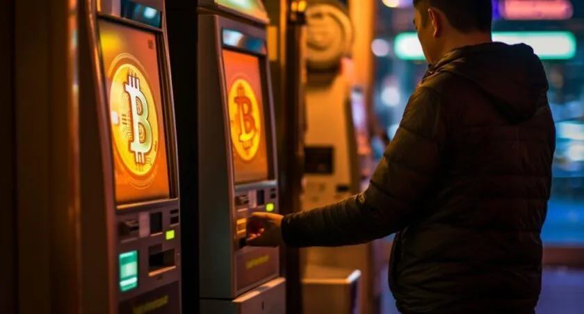 Person Withdrawing Bitcoin From ATM