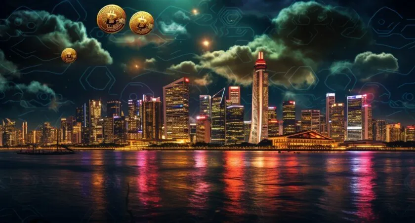 Singapore's Skyline With Digital Bitcoin Logos