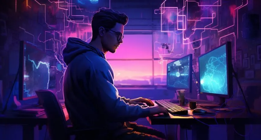 Software Engineer Working Late With Multiple Monitors
