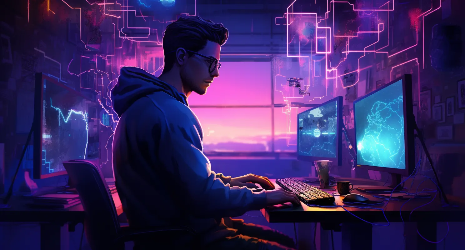 Software Engineer Working Late With Multiple Monitors