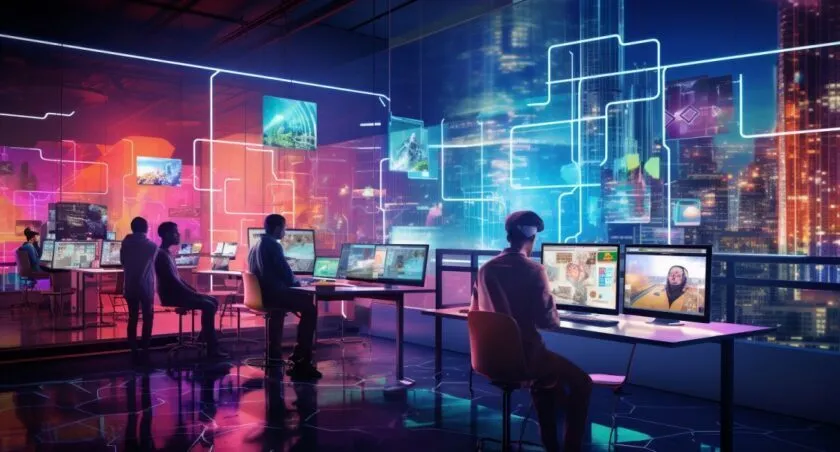 Software Developers Collaborating In A Futuristic City