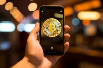 Hand Holding A Smartphone With A Bitcoin Symbol On The Screen
