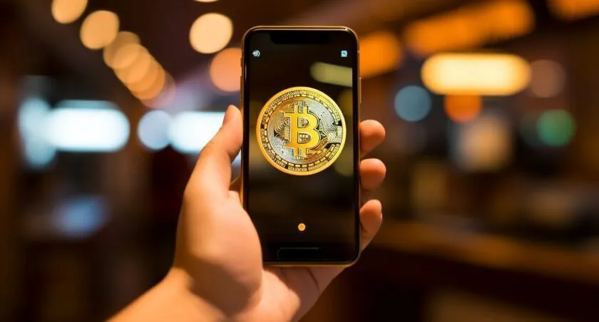 Hand Holding A Smartphone With A Bitcoin Symbol On The Screen