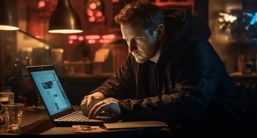 A Concerned Individual Looking At A Laptop With Cybersecurity Alerts 