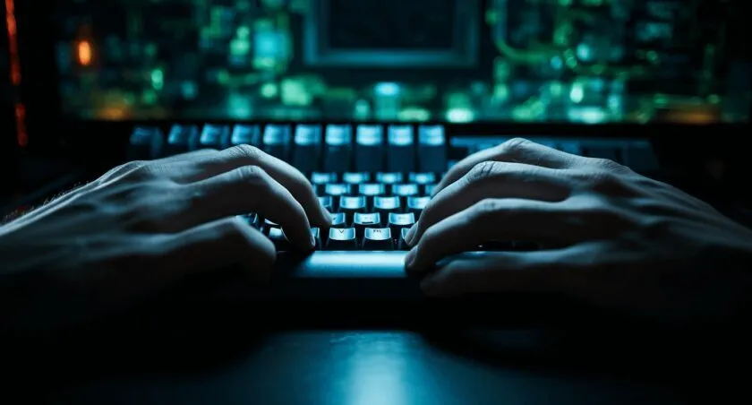 A Close Up Of A Hacker's Hand Typing On A Keyboard In A Dimly Lit Room
