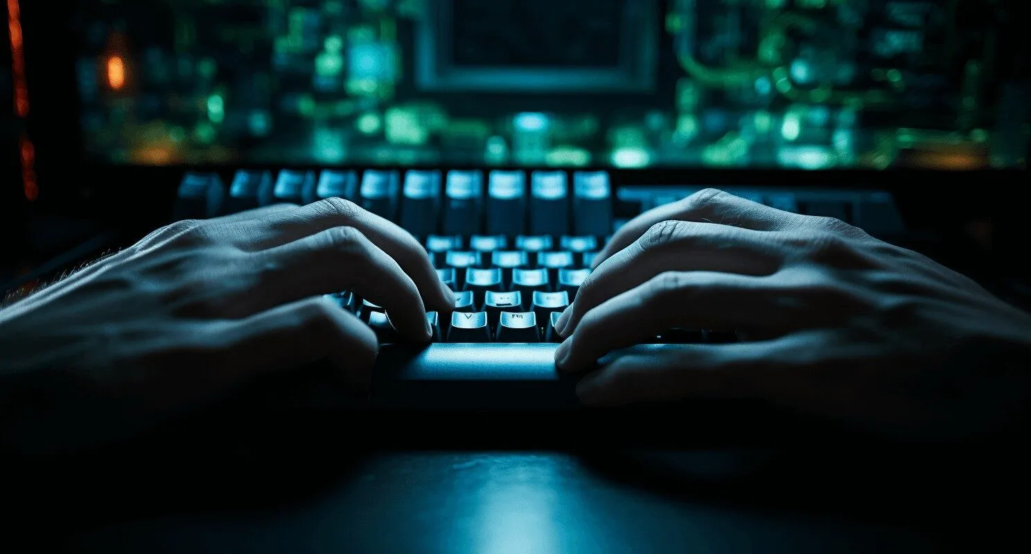 A Close Up Of A Hacker's Hand Typing On A Keyboard In A Dimly Lit Room