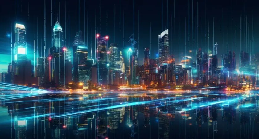 A Futuristic Cityscape With Data Streams In The Sky