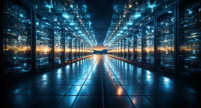 AWS Data Center With Glowing Servers