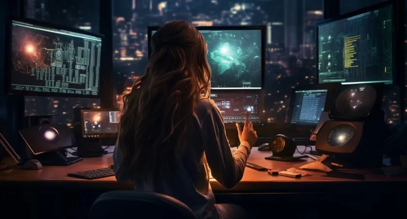 Bitcoin Day Trader At A High Tech Workstation