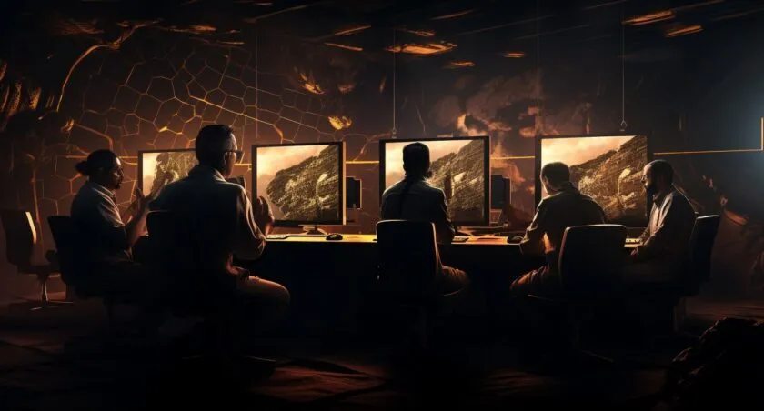 Bitcoin Miners Discussing Strategy In A Dimly Lit Room