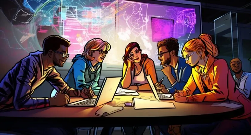 Developers Brainstorm Around Whiteboard