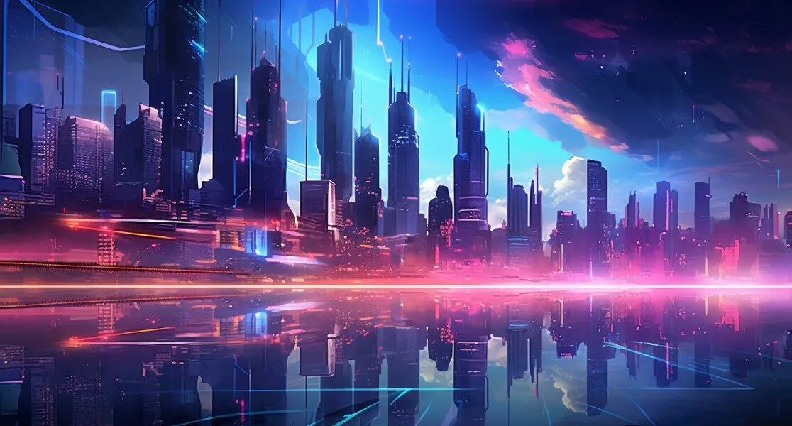 Futuristic Cityscape With Neon Lights.