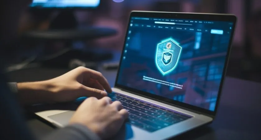 Hand Holding Laptop With VPN Logo