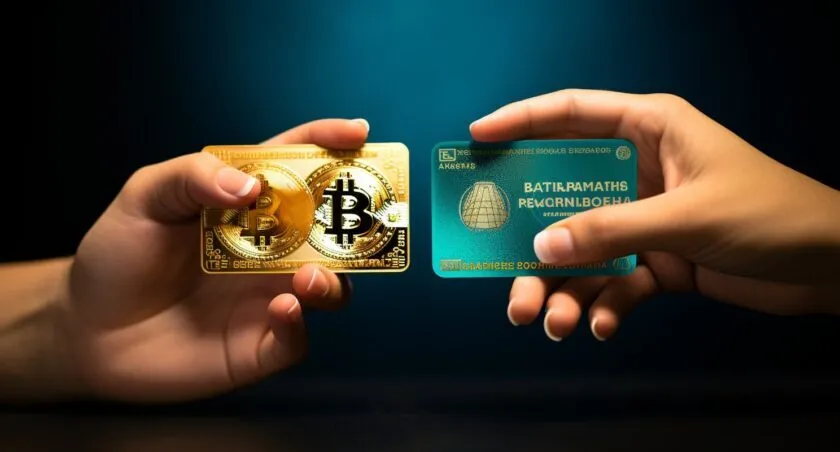 Hands Holding An American Express Card And Bitcoins