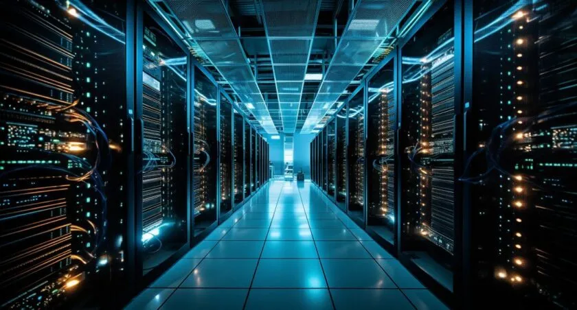 Internet Server Room With Blinking Lights And Cables