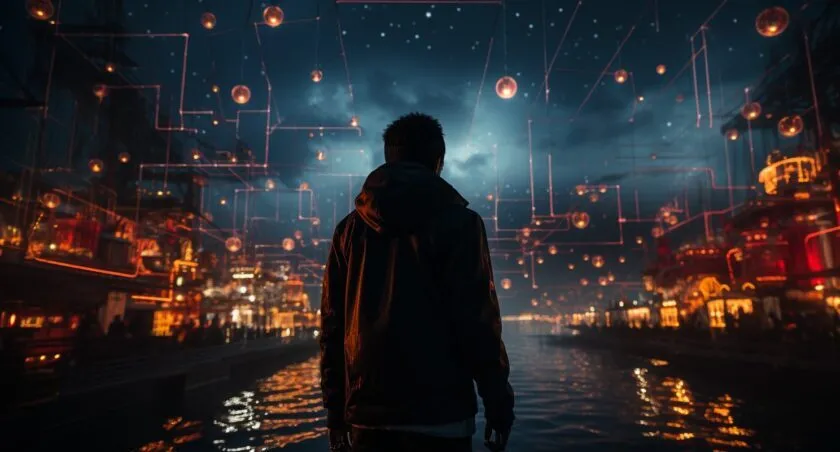 Person Standing On A Digital Ship Navigating Waves