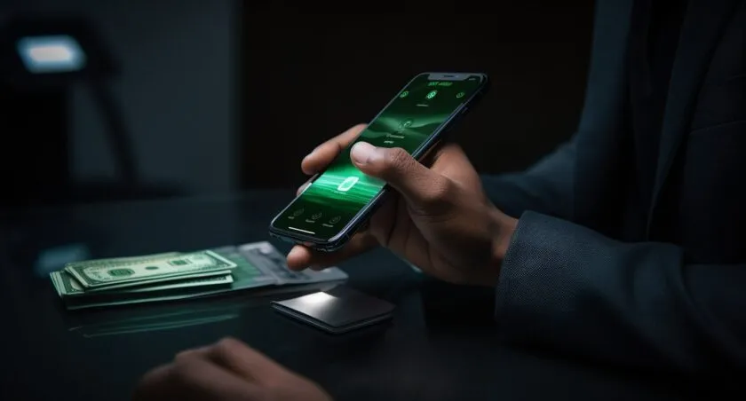 Person Transferring Cash To A Bank Account