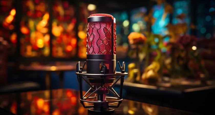 Podcast Microphone In A Vibrant Studio Setting