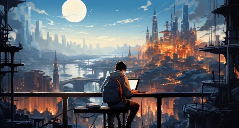 Software Engineer Overlooking Digital Cityscape