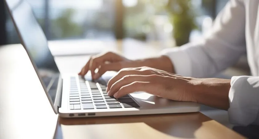 A Person's Hand Typing On A Sleek, Modern Keyboard