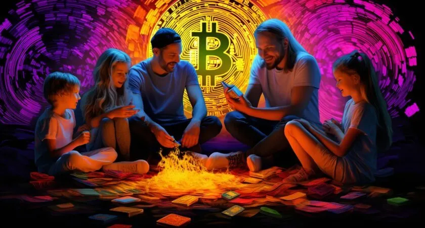 Family Around A Digital Campfire Made Of Bitcoins