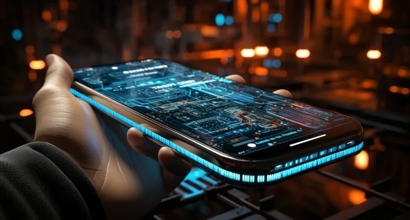 Futuristic Robot Hand Holding A Smartphone Displaying