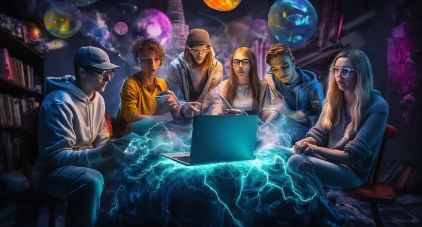 Group Of Teenagers Surrounded By Cryptocurrency