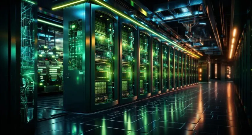 High Tech Server Room With Glowing Lights