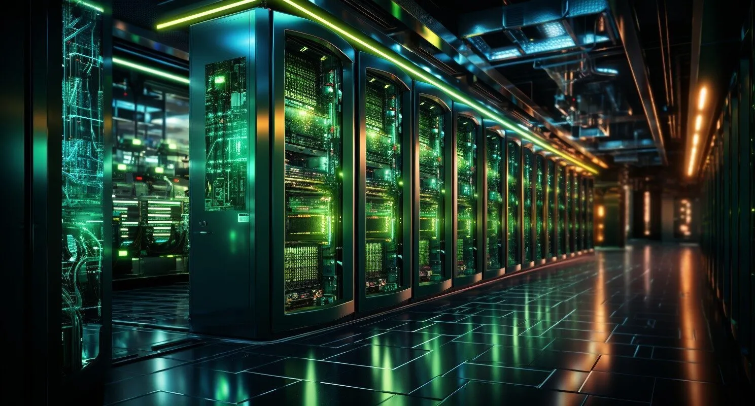 High Tech Server Room With Glowing Lights
