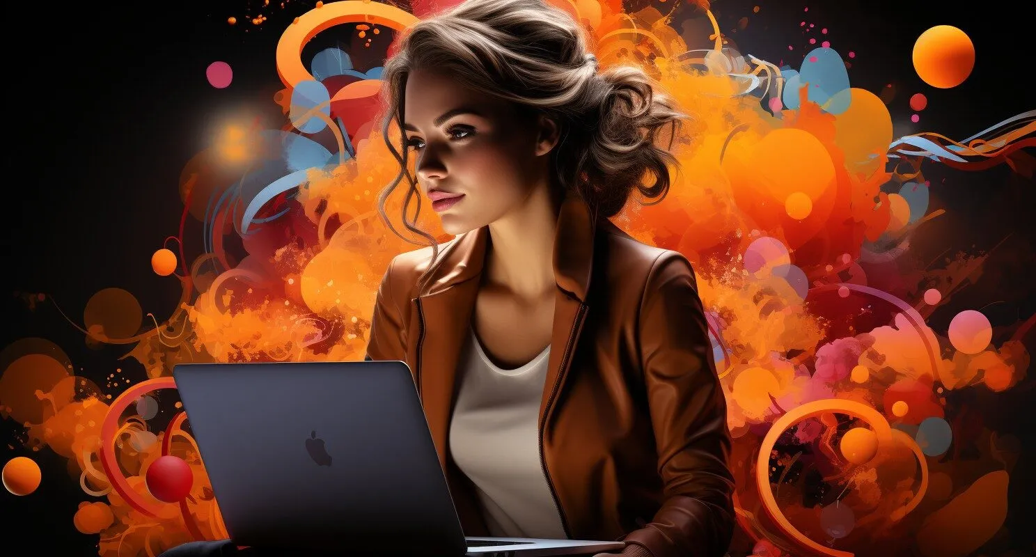Modern Entrepreneur At A Laptop, Surrounded By Virtual Business