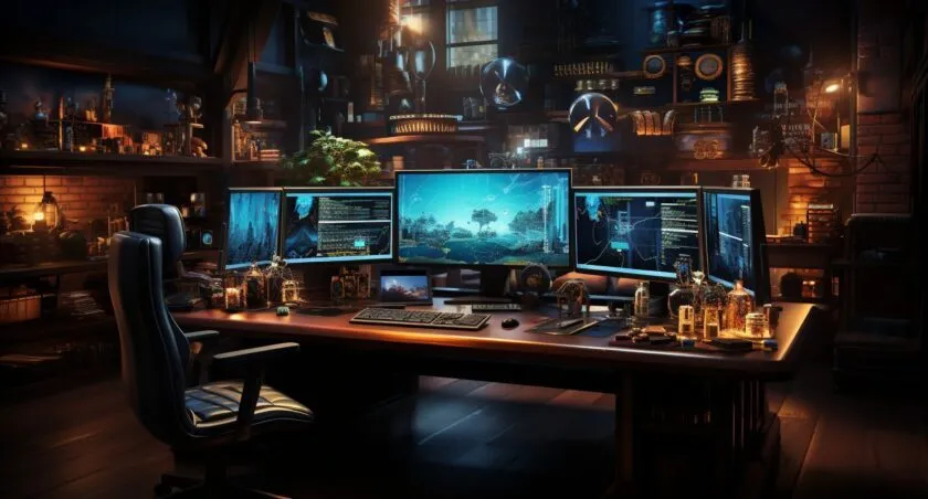 Modern Trading Desk With Multiple Screens Displaying Cryptocurrency Options Charts