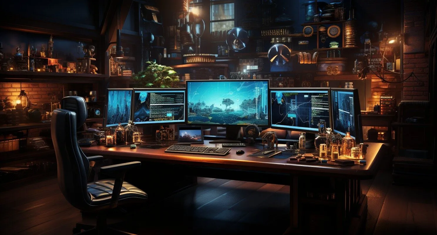 Modern Trading Desk With Multiple Screens Displaying Cryptocurrency Options Charts