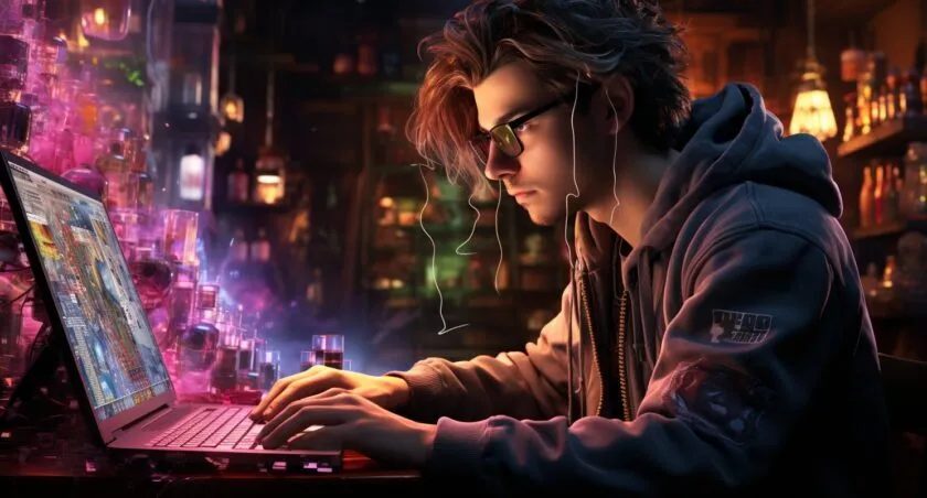 Young Coder Surrounded By Futuristic Data Visualizations
