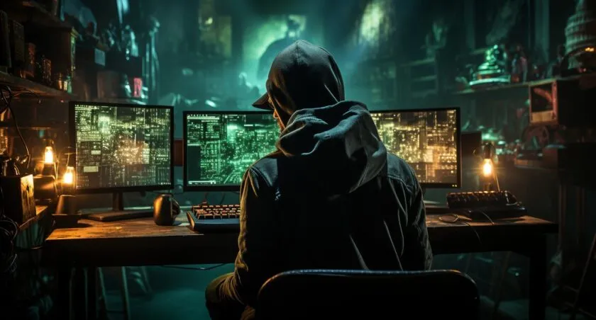 Hacker With Glowing Code On Computer Screen